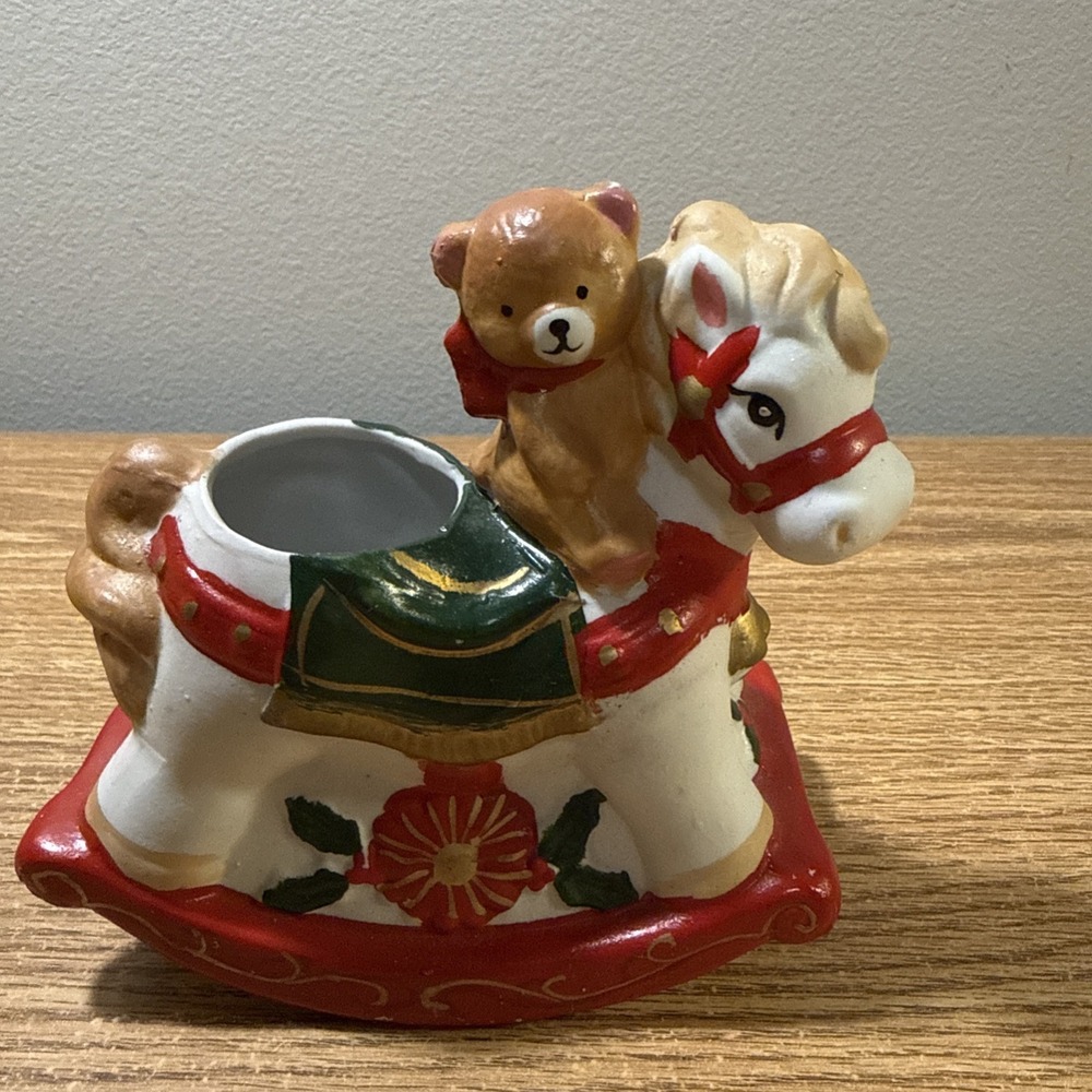 Rocking Horse Bear Rider Planter 1992 Poinsettia Vintage‎ Christmas I'll